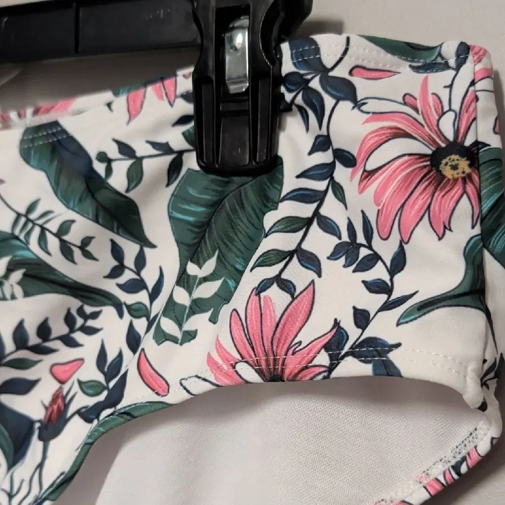 Floral High-Rise Bikini Bottoms in White and Pink